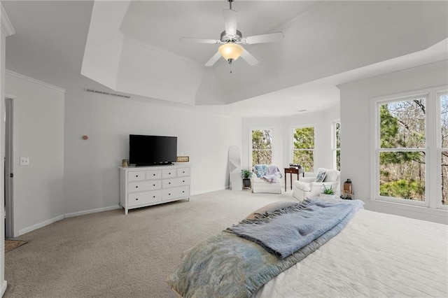 bedroom featuring a tray ceiling, multiple windows, baseboards, and carpet floors