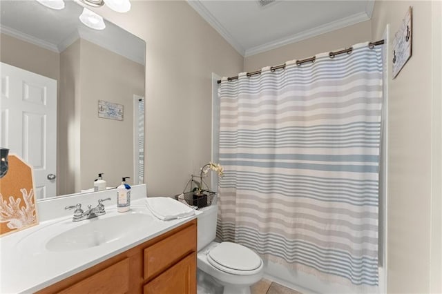 bathroom featuring vanity, toilet, and ornamental molding