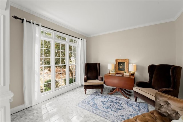 living area with a wealth of natural light and crown molding