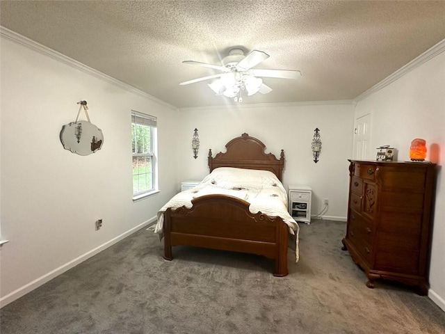 carpeted bedroom featuring ornamental molding, ceiling fan, and a textured ceiling