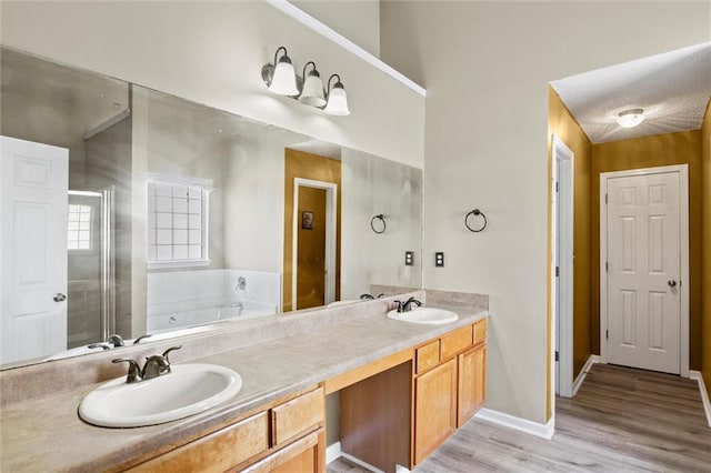 bathroom featuring vanity, hardwood / wood-style flooring, and plus walk in shower