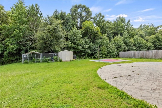 view of yard featuring a storage unit