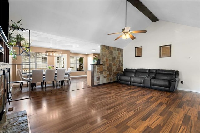 living area featuring wood finished floors, a ceiling fan, beam ceiling, baseboards, and high vaulted ceiling