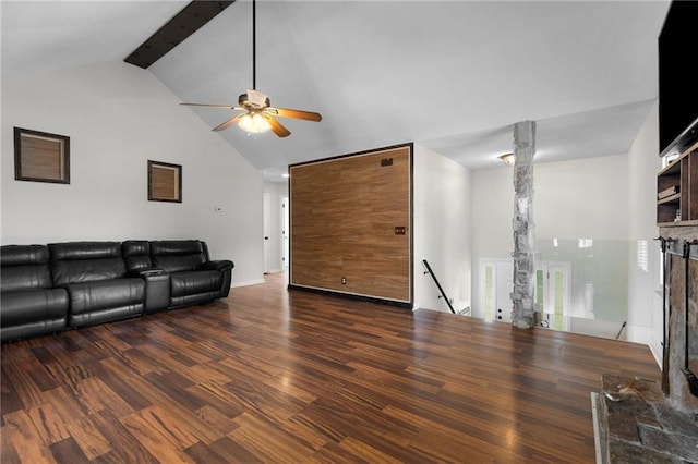living room with ceiling fan, wood finished floors, high vaulted ceiling, beam ceiling, and baseboards