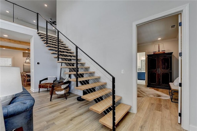 132 Swift Creek Way, Jefferson, GA 30549 - stairs with beam ceiling and wood-type flooring