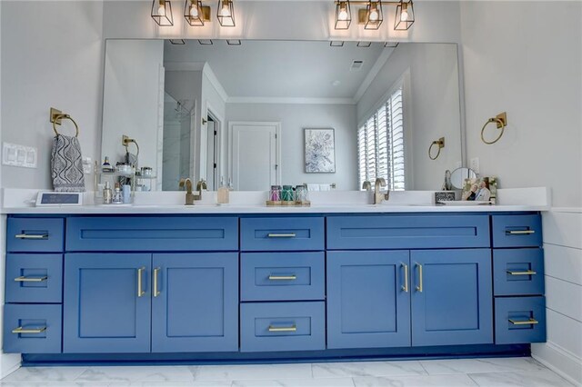 132 Swift Creek Way, Jefferson, GA 30549 - bathroom featuring crown molding, a shower with door, and vanity