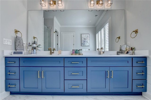 132 Swift Creek Way, Jefferson, GA 30549 - bathroom featuring vanity, a shower with door, and crown molding