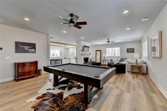 132 Swift Creek Way, Jefferson, GA 30549 - playroom with ceiling fan, light wood-type flooring, a fireplace, and billiards