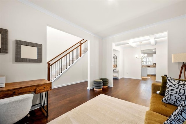 living room with wood-type flooring, stairway, coffered ceiling, beamed ceiling, and baseboards