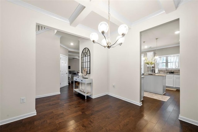 unfurnished dining area featuring beamed ceiling, dark wood-style flooring, and baseboards