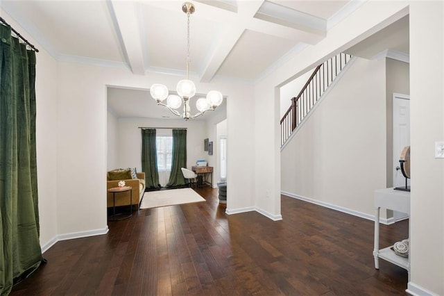 foyer entrance featuring baseboards, hardwood / wood-style flooring, beamed ceiling, stairs, and a notable chandelier