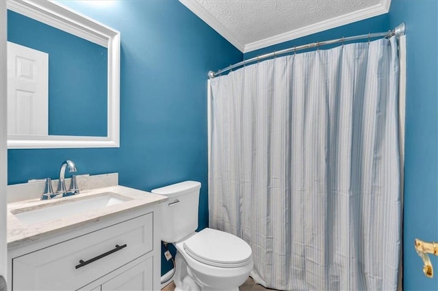 bathroom featuring a textured ceiling, vanity, toilet, ornamental molding, and a shower with shower curtain