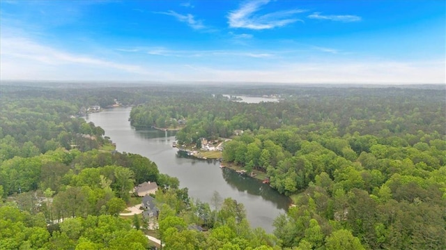 bird's eye view featuring a view of trees and a water view