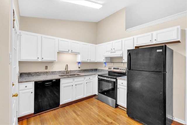 kitchen with light wood-type flooring, a sink, white cabinets, black appliances, and under cabinet range hood