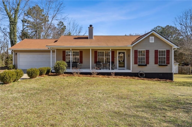 single story home with a garage, a chimney, crawl space, a porch, and a front yard