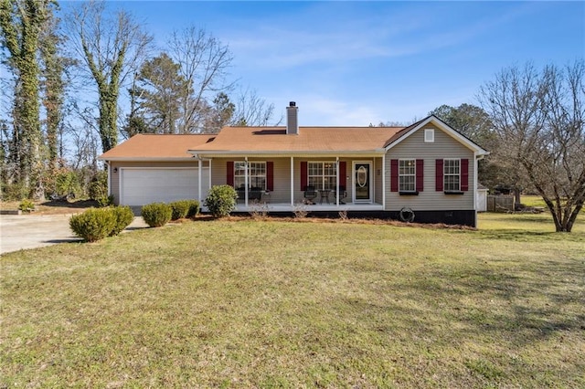 single story home with a garage, driveway, a chimney, covered porch, and a front lawn