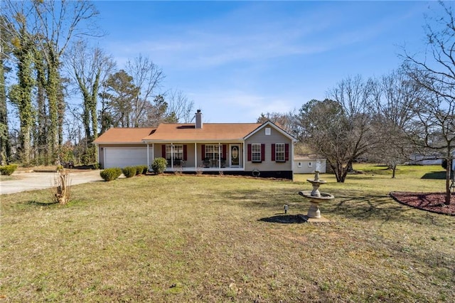 ranch-style house featuring a garage, covered porch, driveway, a chimney, and a front yard