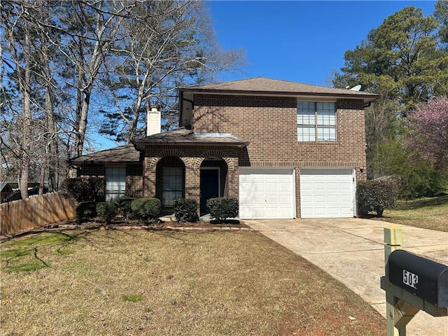 view of front of property with driveway, a front lawn, fence, an attached garage, and brick siding