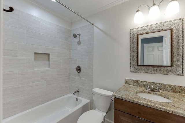 bathroom with  shower combination, toilet, vanity, and ornamental molding