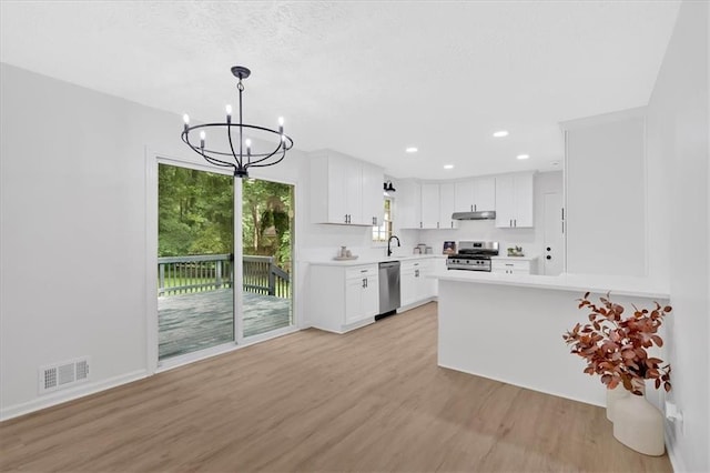 5689 Woodland Dr, Acworth, GA 30102 - kitchen with stainless steel appliances, under cabinet range hood, a chandelier, light wood finished floors, and light countertops