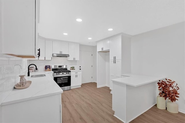 5689 Woodland Dr, Acworth, GA 30102 - kitchen with stainless steel gas range, a sink, light wood-type flooring, decorative backsplash, and baseboards