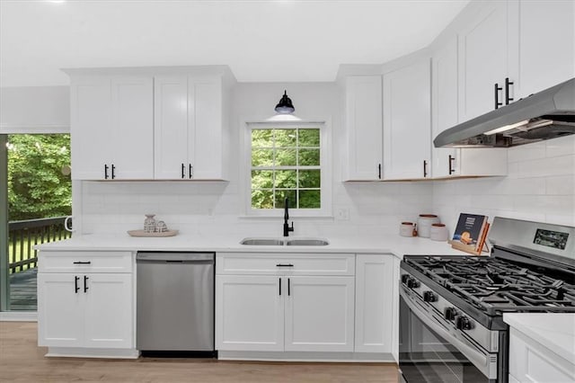 5689 Woodland Dr, Acworth, GA 30102 - kitchen featuring appliances with stainless steel finishes, a sink, under cabinet range hood, and white cabinets