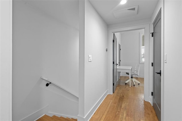 155 Breakspear Ln, Fayetteville, GA 30214 - hallway with an upstairs landing, light wood-style flooring, baseboards, and a desk
