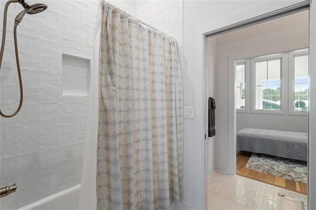 155 Breakspear Ln, Fayetteville, GA 30214 - bathroom featuring shower / bathtub combination with curtain, tile patterned floors, ensuite bathroom, and baseboards