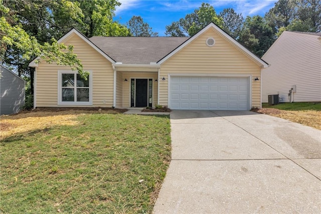 2601 Garland Way, Duluth, GA 30096 - single story home with driveway, an attached garage, a front lawn, cooling unit, and a shingled roof