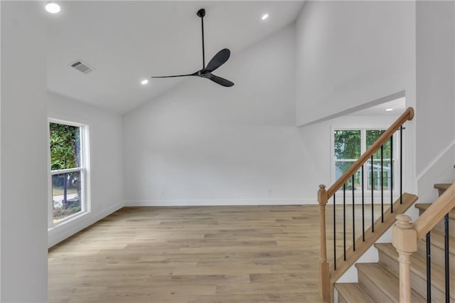 2601 Garland Way, Duluth, GA 30096 - empty room featuring a ceiling fan, high vaulted ceiling, light wood-style floors, recessed lighting, and stairway