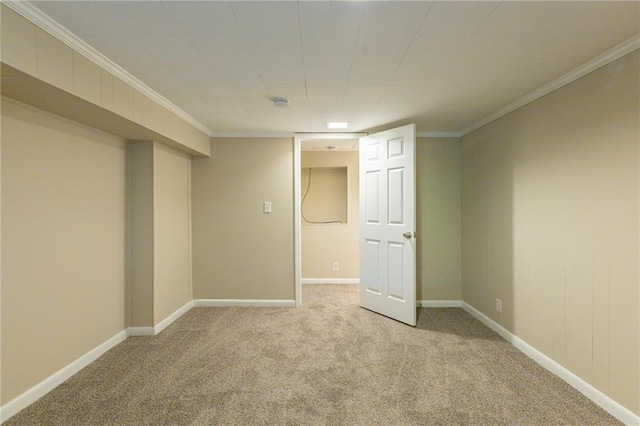 basement with crown molding and light colored carpet