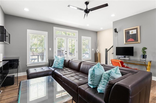 3484 Orchard St, Atlanta, GA 30354 - living room featuring wood finished floors, ceiling fan, recessed lighting, french doors, and stairs