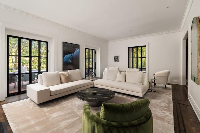 living room with wood-type flooring, plenty of natural light, and crown molding