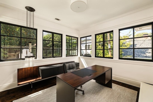 home office with crown molding, dark hardwood / wood-style floors, and a chandelier