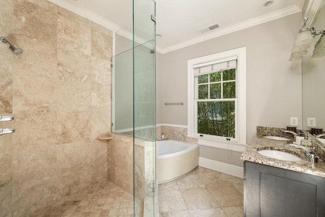 bathroom featuring ornamental molding, tile patterned flooring, independent shower and bath, and vanity