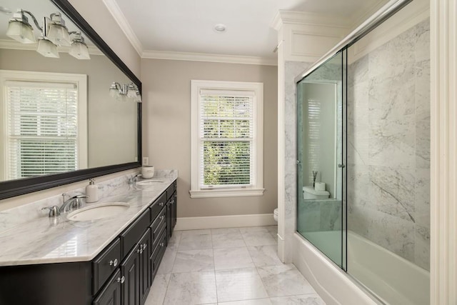 full bathroom featuring enclosed tub / shower combo, ornamental molding, vanity, and toilet