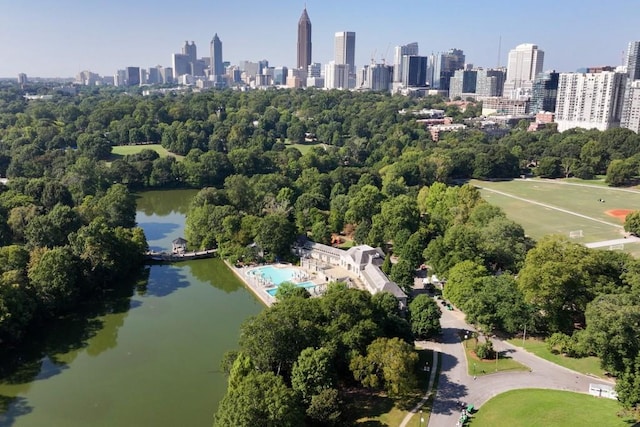 bird's eye view with a water view