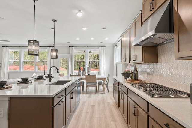 kitchen featuring sink, hanging light fixtures, light hardwood / wood-style flooring, an island with sink, and stainless steel appliances