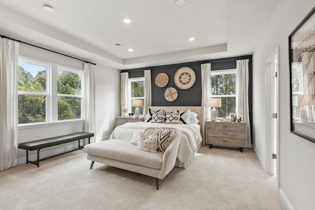 carpeted bedroom featuring a tray ceiling