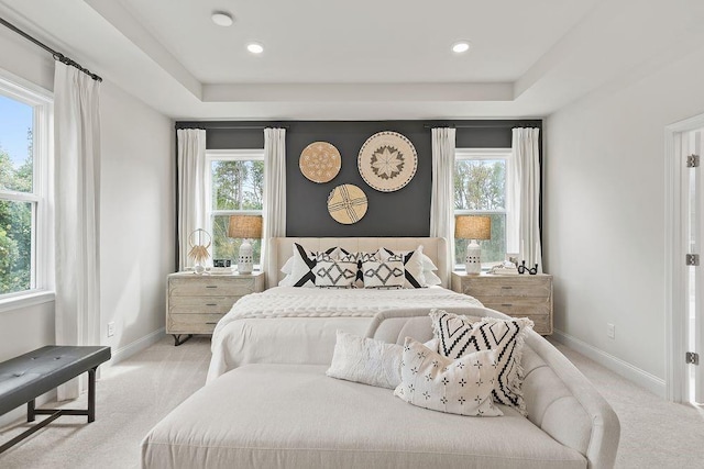 carpeted bedroom featuring a tray ceiling and multiple windows