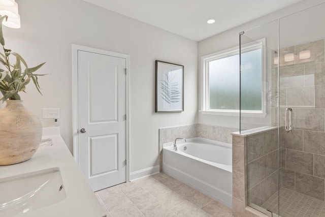 bathroom with separate shower and tub, tile patterned flooring, and vanity