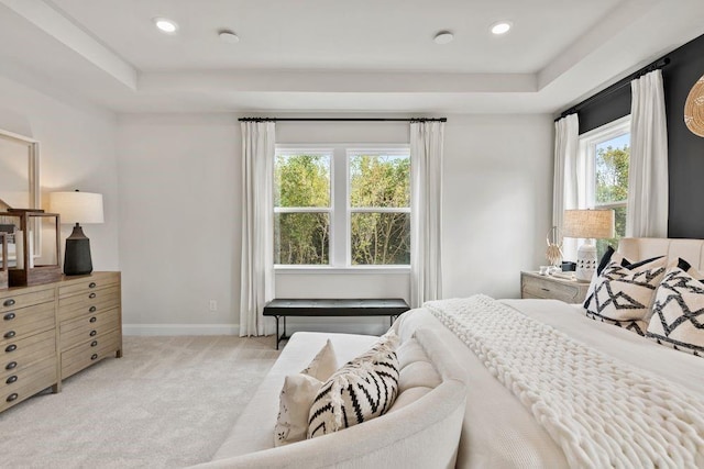 carpeted bedroom with a tray ceiling and multiple windows