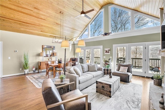 living room featuring french doors, wood finished floors, high vaulted ceiling, wooden ceiling, and baseboards