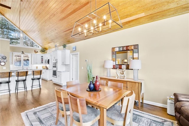 dining space featuring high vaulted ceiling, wood ceiling, a notable chandelier, and wood finished floors