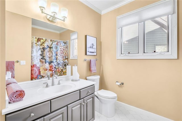 full bathroom with baseboards, vanity, toilet, and crown molding