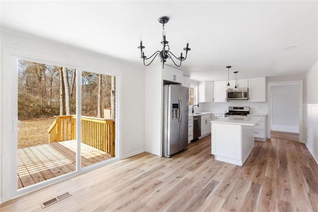 kitchen with a center island, appliances with stainless steel finishes, white cabinets, sink, and pendant lighting