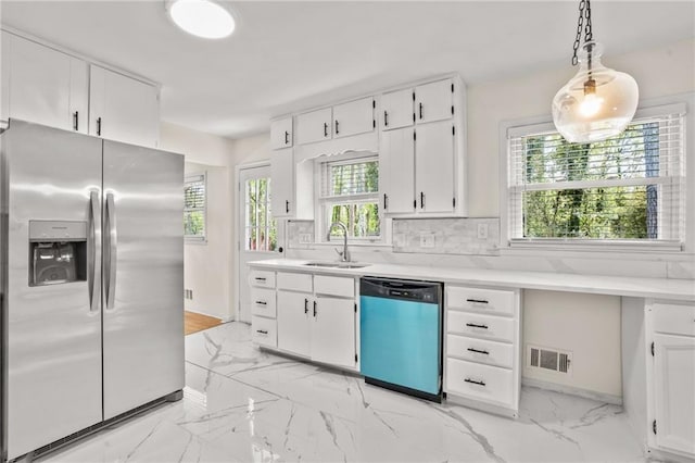 kitchen featuring dishwashing machine, visible vents, a sink, stainless steel refrigerator with ice dispenser, and marble finish floor