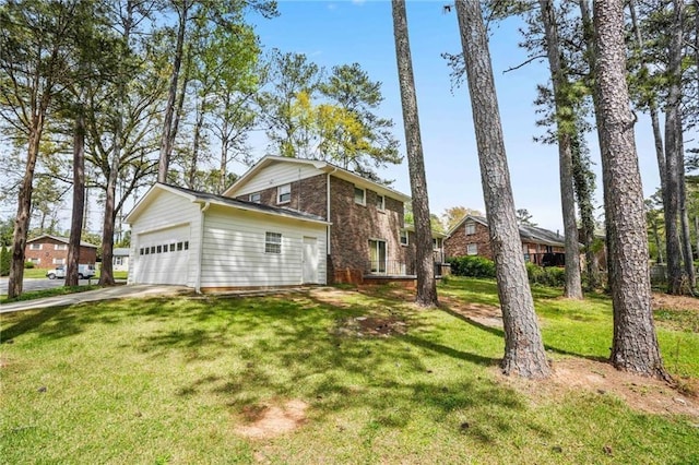 view of property exterior featuring concrete driveway, a yard, and a garage