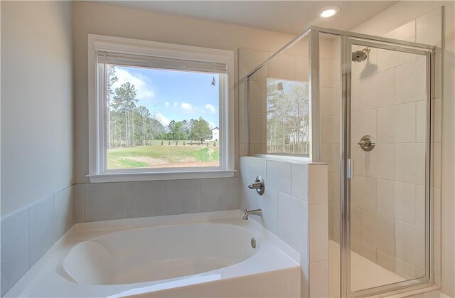 138 Crabbswood Dr, Mcdonough, GA 30253 - bathroom with recessed lighting, a stall shower, and a bath