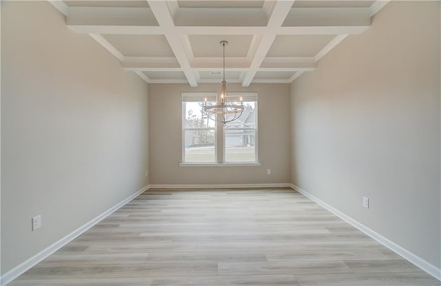 138 Crabbswood Dr, Mcdonough, GA 30253 - unfurnished dining area with coffered ceiling, a notable chandelier, beam ceiling, light wood-type flooring, and baseboards